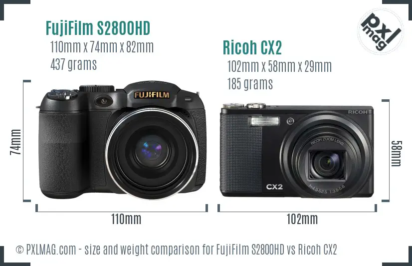 FujiFilm S2800HD vs Ricoh CX2 size comparison