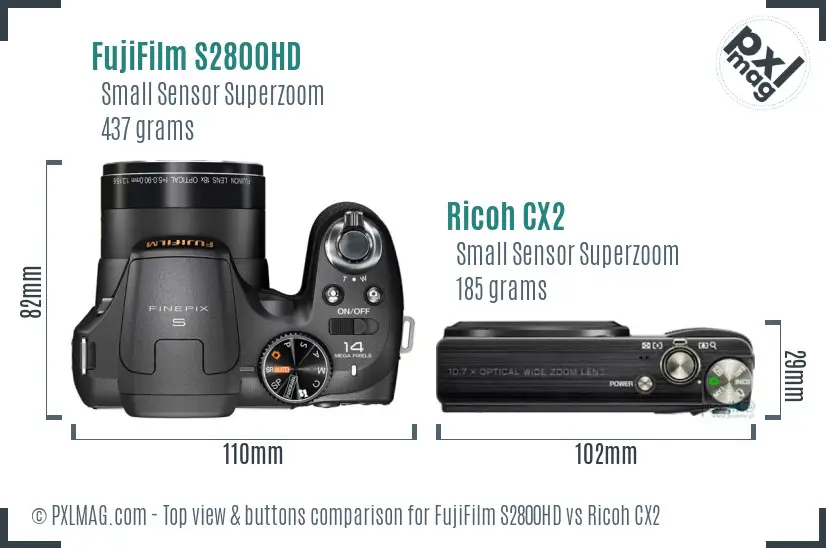 FujiFilm S2800HD vs Ricoh CX2 top view buttons comparison