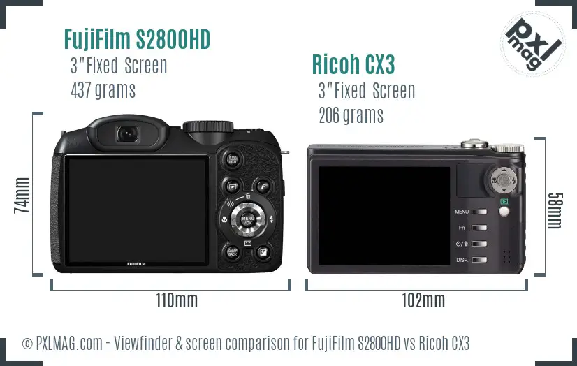 FujiFilm S2800HD vs Ricoh CX3 Screen and Viewfinder comparison