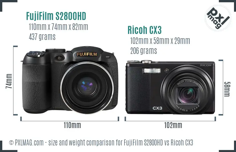 FujiFilm S2800HD vs Ricoh CX3 size comparison