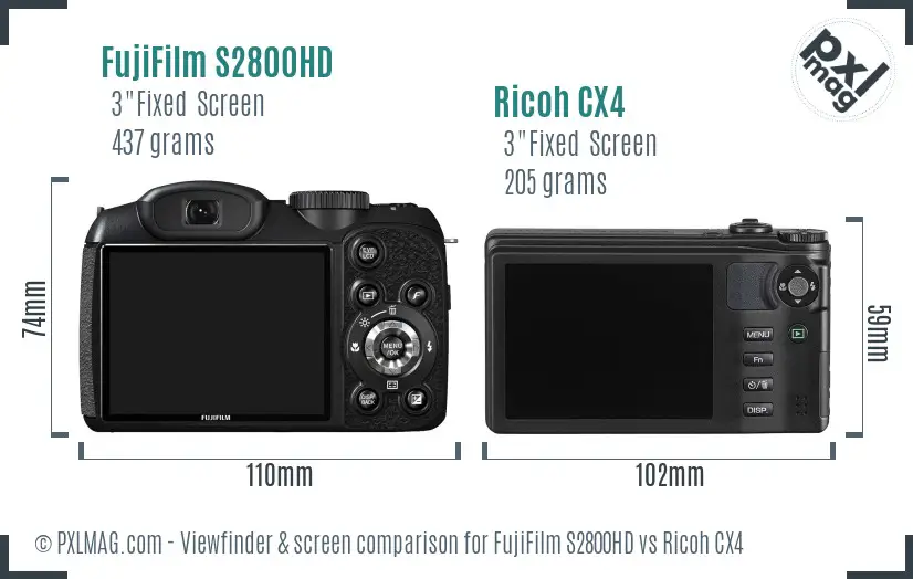 FujiFilm S2800HD vs Ricoh CX4 Screen and Viewfinder comparison