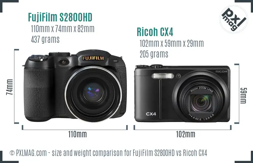FujiFilm S2800HD vs Ricoh CX4 size comparison