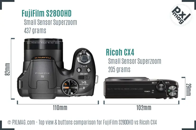 FujiFilm S2800HD vs Ricoh CX4 top view buttons comparison