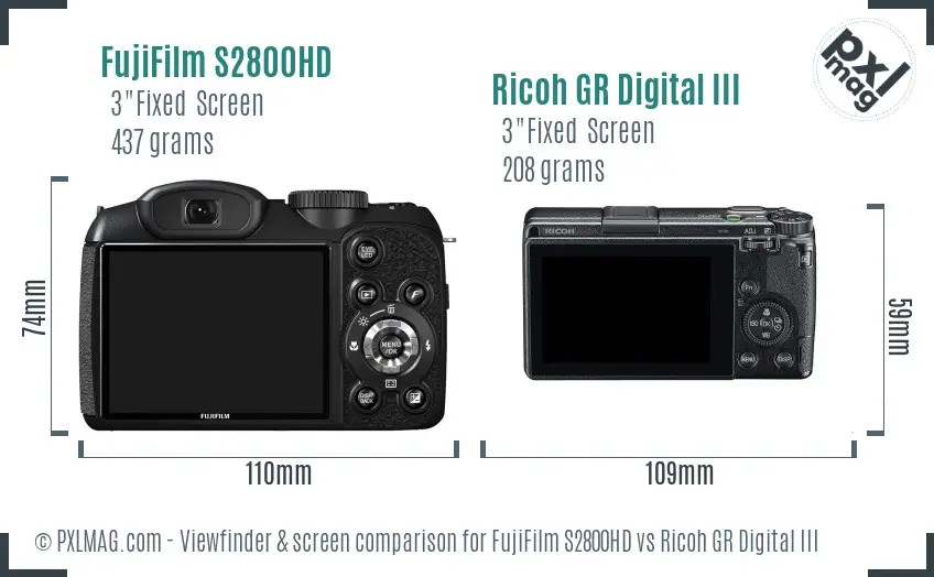 FujiFilm S2800HD vs Ricoh GR Digital III Screen and Viewfinder comparison