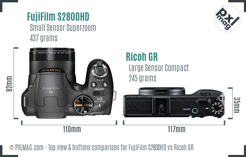 FujiFilm S2800HD vs Ricoh GR top view buttons comparison
