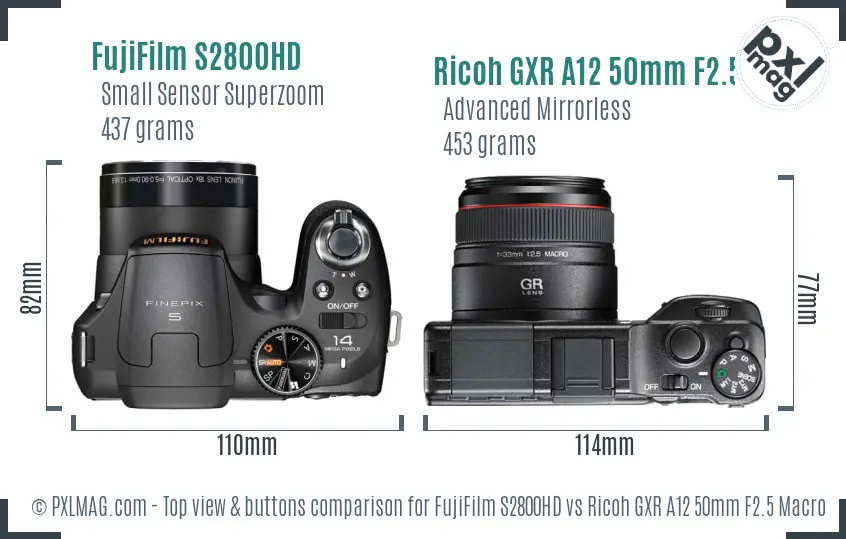 FujiFilm S2800HD vs Ricoh GXR A12 50mm F2.5 Macro top view buttons comparison