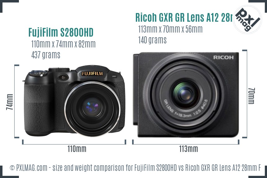 FujiFilm S2800HD vs Ricoh GXR GR Lens A12 28mm F2.5 size comparison FujiFilm S2800HD vs Ricoh GXR GR Lens A12 28mm F2.5 size comparison