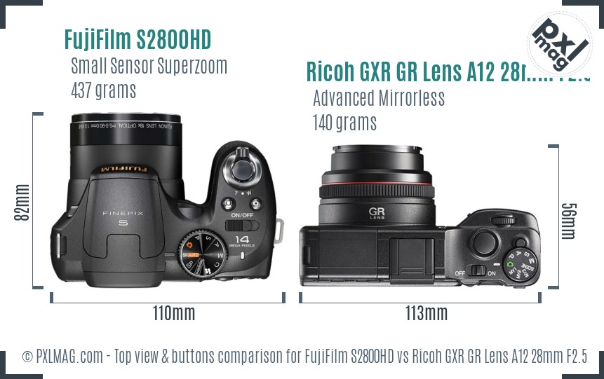 FujiFilm S2800HD vs Ricoh GXR GR Lens A12 28mm F2.5 top view buttons comparison