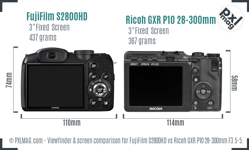 FujiFilm S2800HD vs Ricoh GXR P10 28-300mm F3.5-5.6 VC Screen and Viewfinder comparison