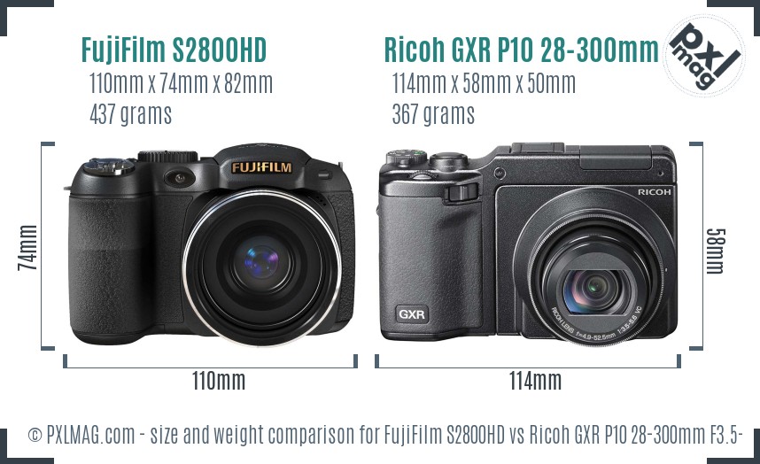 FujiFilm S2800HD vs Ricoh GXR P10 28-300mm F3.5-5.6 VC size comparison