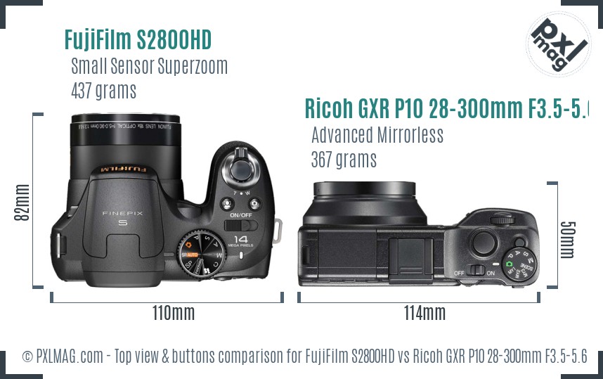 FujiFilm S2800HD vs Ricoh GXR P10 28-300mm F3.5-5.6 VC top view buttons comparison