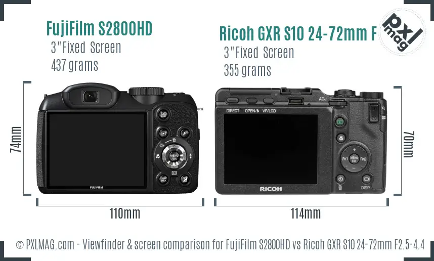 FujiFilm S2800HD vs Ricoh GXR S10 24-72mm F2.5-4.4 VC Screen and Viewfinder comparison