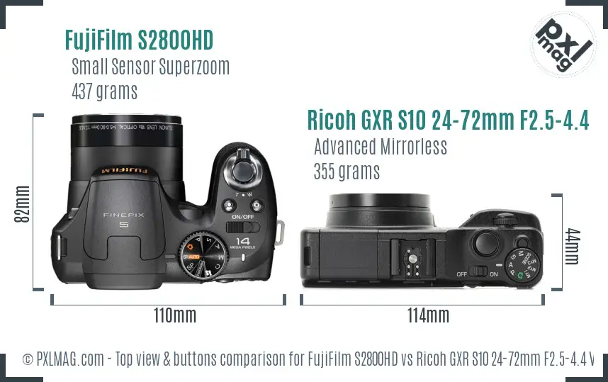 FujiFilm S2800HD vs Ricoh GXR S10 24-72mm F2.5-4.4 VC top view buttons comparison