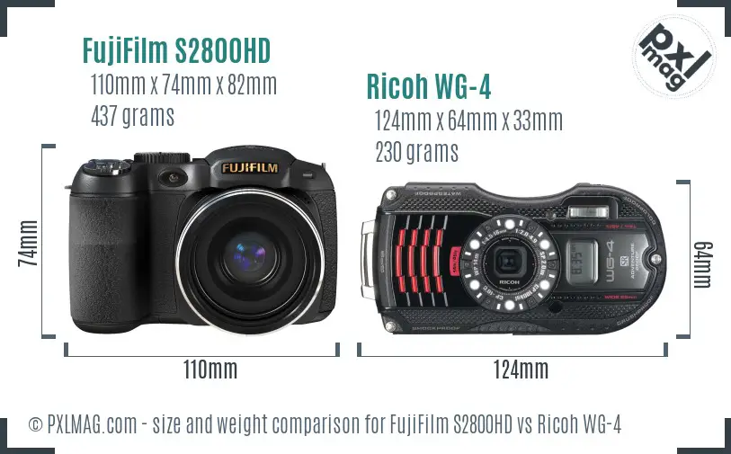 FujiFilm S2800HD vs Ricoh WG-4 size comparison