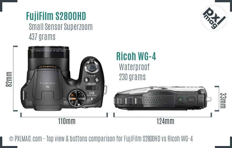 FujiFilm S2800HD vs Ricoh WG-4 top view buttons comparison