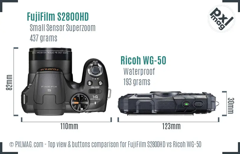 FujiFilm S2800HD vs Ricoh WG-50 top view buttons comparison FujiFilm S2800HD vs Ricoh WG-50 top view buttons comparison