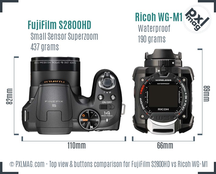 FujiFilm S2800HD vs Ricoh WG-M1 top view buttons comparison