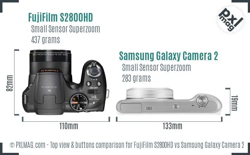 FujiFilm S2800HD vs Samsung Galaxy Camera 2 top view buttons comparison