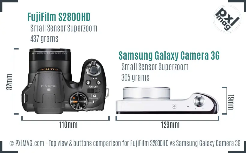 FujiFilm S2800HD vs Samsung Galaxy Camera 3G top view buttons comparison