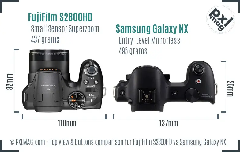 FujiFilm S2800HD vs Samsung Galaxy NX top view buttons comparison