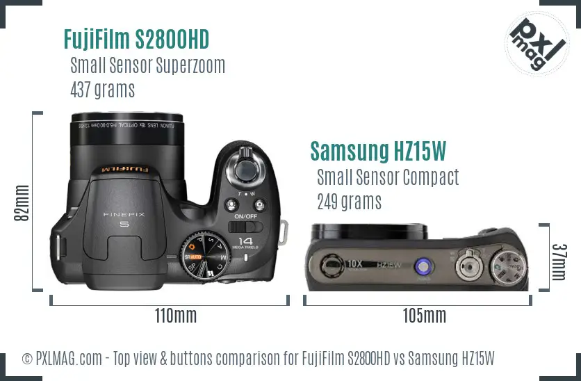 FujiFilm S2800HD vs Samsung HZ15W top view buttons comparison