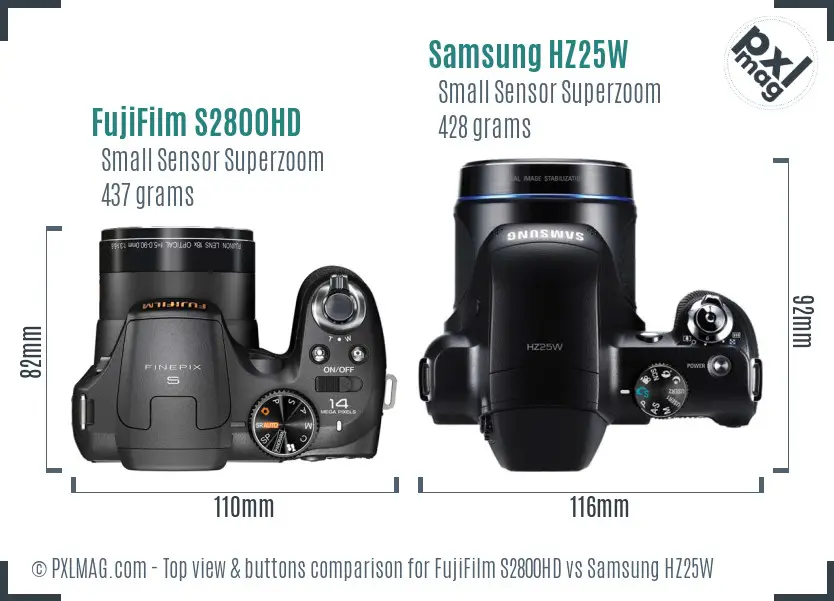 FujiFilm S2800HD vs Samsung HZ25W top view buttons comparison FujiFilm S2800HD vs Samsung HZ25W top view buttons comparison