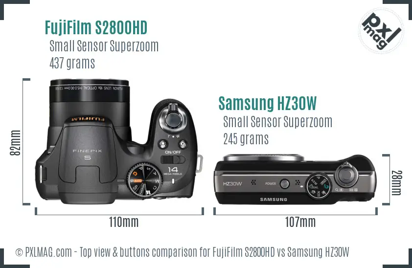 FujiFilm S2800HD vs Samsung HZ30W top view buttons comparison FujiFilm S2800HD vs Samsung HZ30W top view buttons comparison