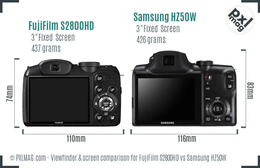 FujiFilm S2800HD vs Samsung HZ50W Screen and Viewfinder comparison