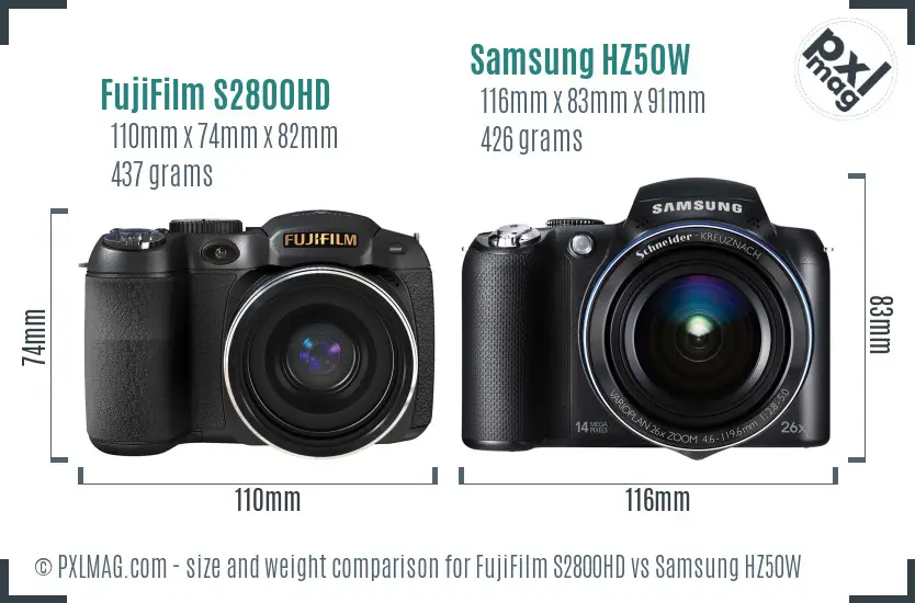 FujiFilm S2800HD vs Samsung HZ50W size comparison