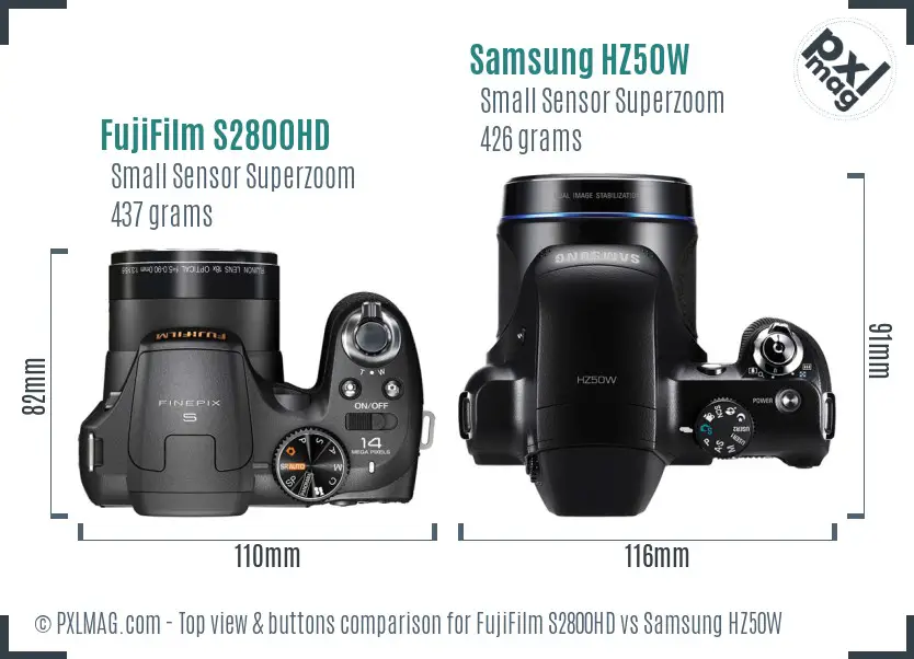 FujiFilm S2800HD vs Samsung HZ50W top view buttons comparison