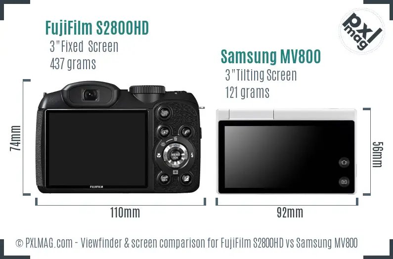FujiFilm S2800HD vs Samsung MV800 Screen and Viewfinder comparison