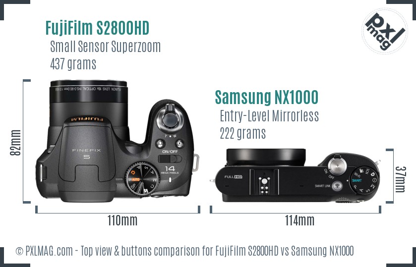 FujiFilm S2800HD vs Samsung NX1000 top view buttons comparison