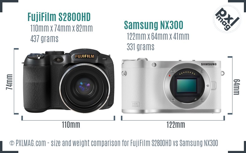 FujiFilm S2800HD vs Samsung NX300 size comparison