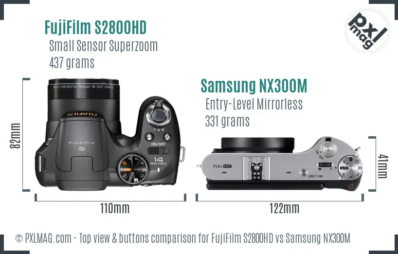 FujiFilm S2800HD vs Samsung NX300M top view buttons comparison