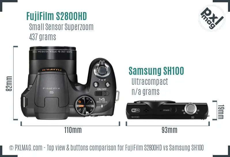 FujiFilm S2800HD vs Samsung SH100 top view buttons comparison FujiFilm S2800HD vs Samsung SH100 top view buttons comparison