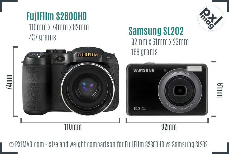 FujiFilm S2800HD vs Samsung SL202 size comparison