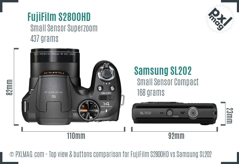 FujiFilm S2800HD vs Samsung SL202 top view buttons comparison