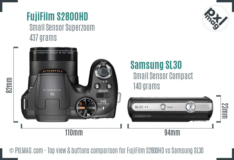 FujiFilm S2800HD vs Samsung SL30 top view buttons comparison FujiFilm S2800HD vs Samsung SL30 top view buttons comparison