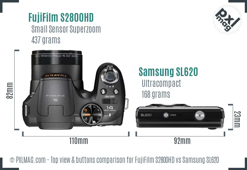 FujiFilm S2800HD vs Samsung SL620 top view buttons comparison FujiFilm S2800HD vs Samsung SL620 top view buttons comparison