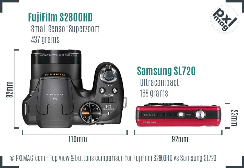 FujiFilm S2800HD vs Samsung SL720 top view buttons comparison FujiFilm S2800HD vs Samsung SL720 top view buttons comparison