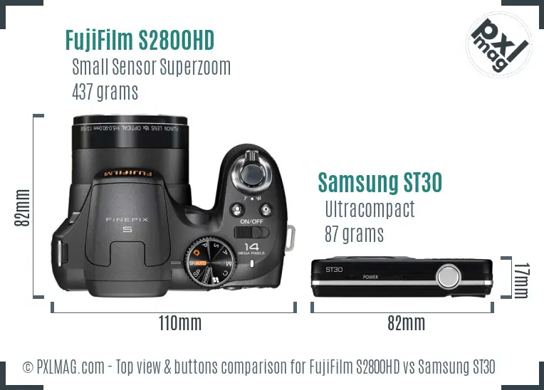 FujiFilm S2800HD vs Samsung ST30 top view buttons comparison FujiFilm S2800HD vs Samsung ST30 top view buttons comparison