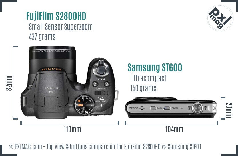FujiFilm S2800HD vs Samsung ST600 top view buttons comparison