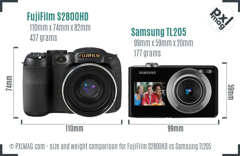 FujiFilm S2800HD vs Samsung TL205 size comparison