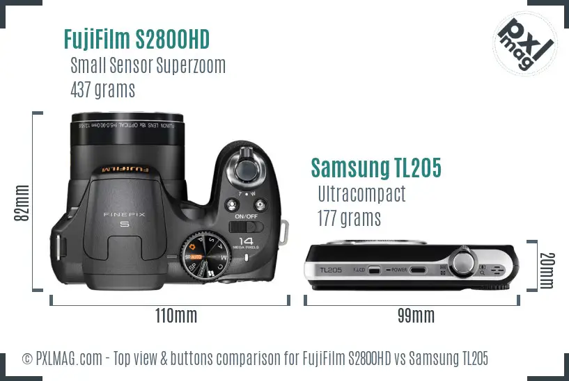 FujiFilm S2800HD vs Samsung TL205 top view buttons comparison