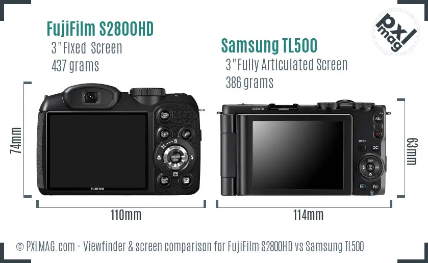 FujiFilm S2800HD vs Samsung TL500 Screen and Viewfinder comparison