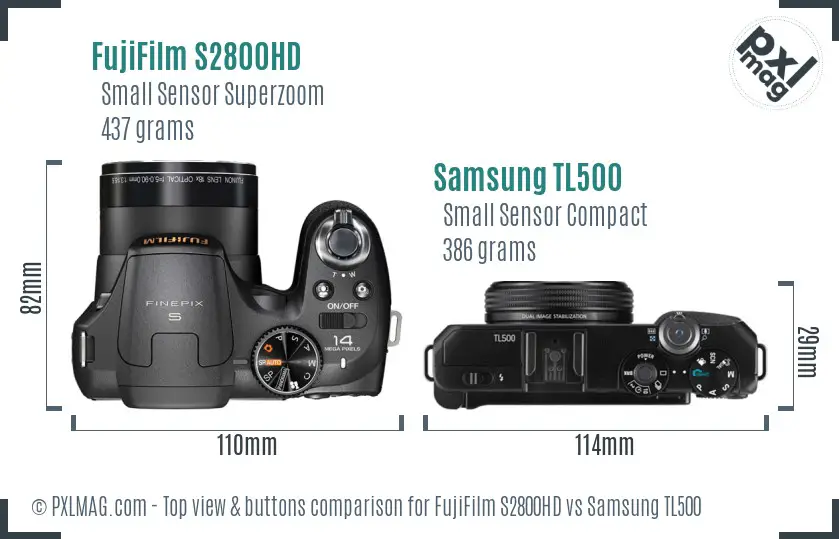 FujiFilm S2800HD vs Samsung TL500 top view buttons comparison