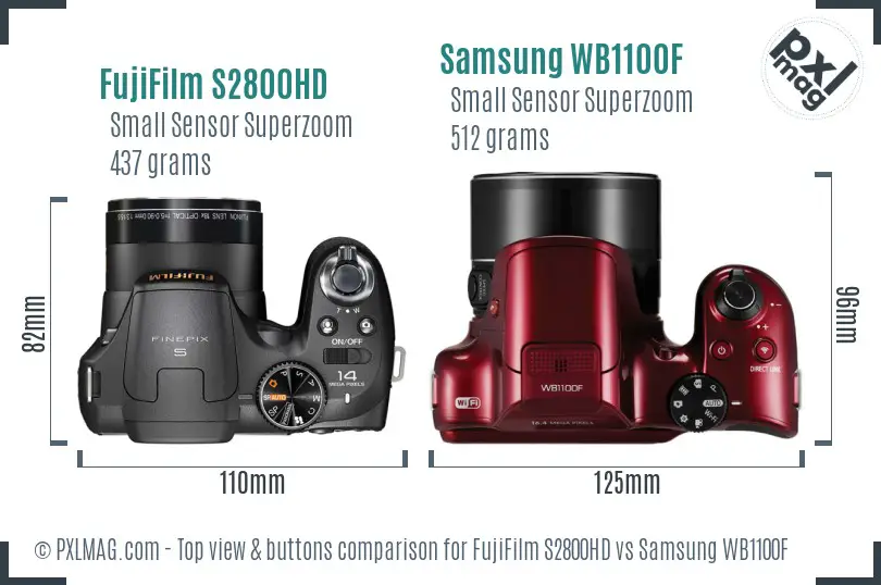 FujiFilm S2800HD vs Samsung WB1100F top view buttons comparison FujiFilm S2800HD vs Samsung WB1100F top view buttons comparison