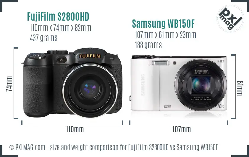 FujiFilm S2800HD vs Samsung WB150F size comparison