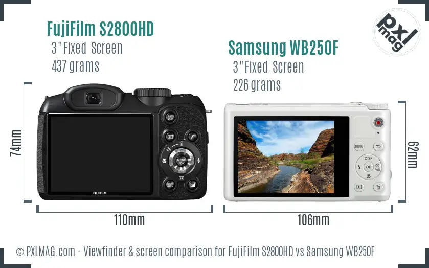 FujiFilm S2800HD vs Samsung WB250F Screen and Viewfinder comparison