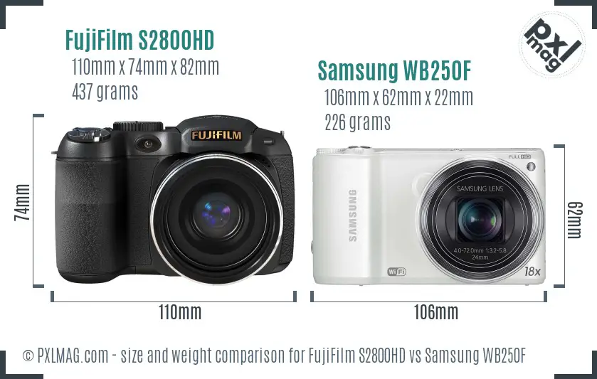 FujiFilm S2800HD vs Samsung WB250F size comparison